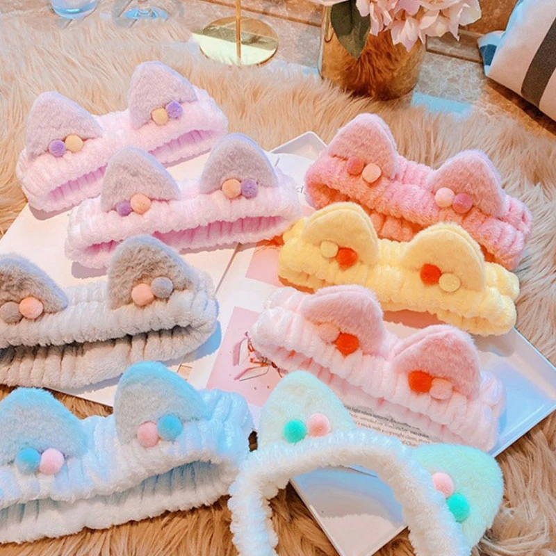 

Headband For Wash Face Women Cat Ears Hairbands Coral Fleece Small Ball Animal Ears Elastic Headbands Headwear Hair Accessories