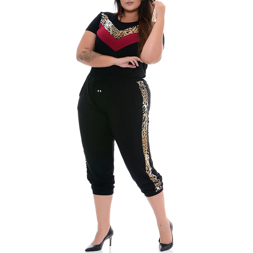 

Leopard Print Large Size Lady Outfits Clothes Set Plus Size Women Tracksuit Set Summer Stitching 2Piece Fitness Workout Suit D30