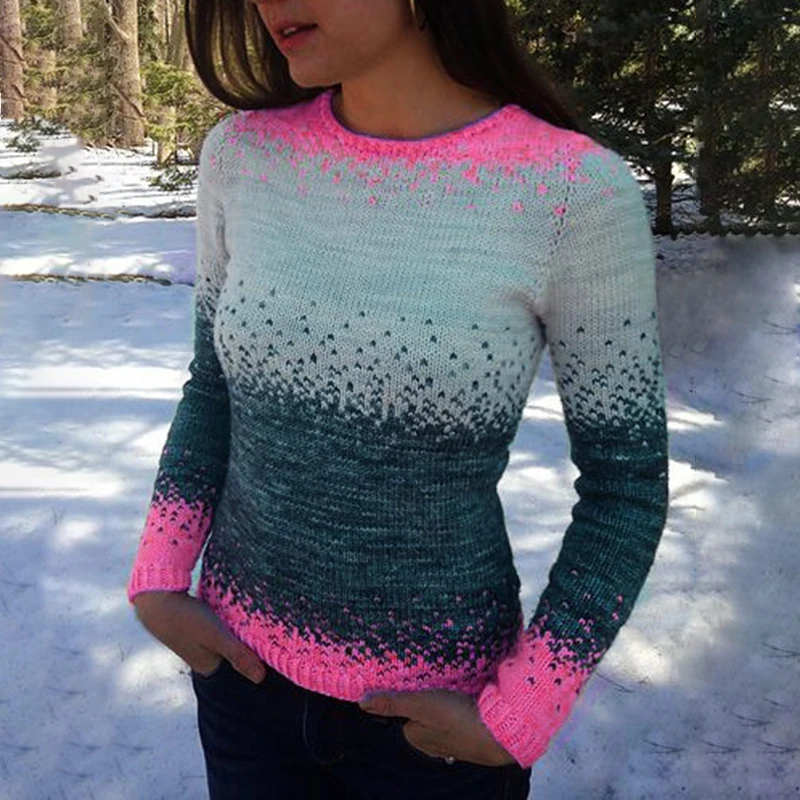 

2020 New Autumn Winter Women's Fashion Casual Long Sleeve O Neck Slim Fit Knitted Sweaters Gradient Color Pullovers Sweater Tops
