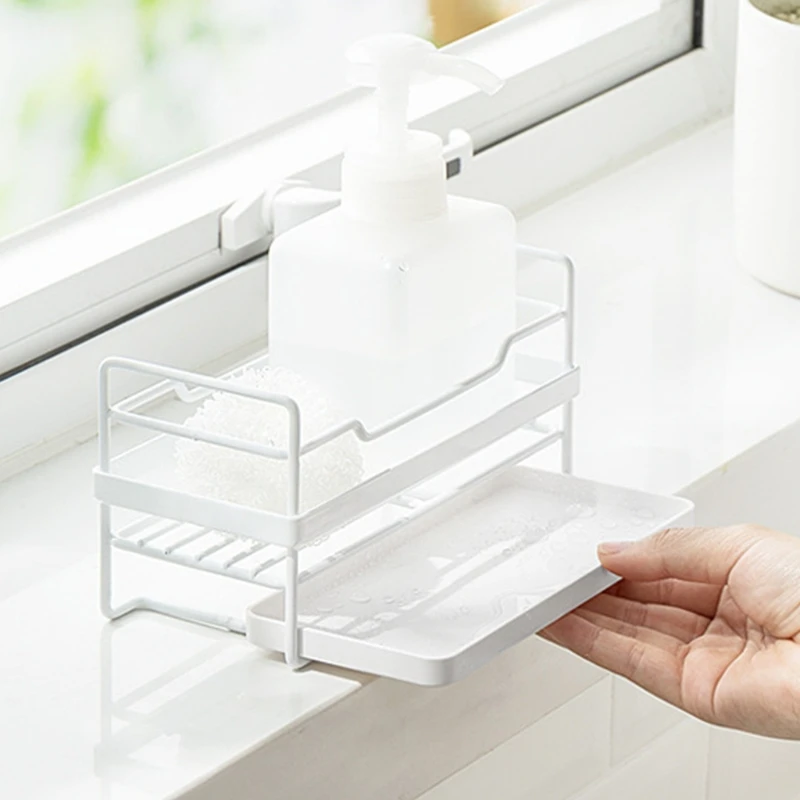 

Kitchen Desktop Storage Rack Sponge Holder Countertop Sink Caddy Organizer Bathroom Sink Tray Removable Drain Pan Free Standing