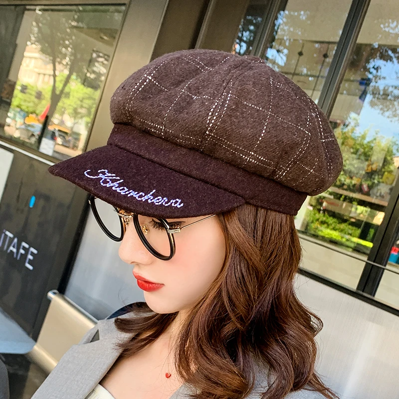DeePom Fashion Hats Women Fall Winter Beret Octagonal Hat Female British Style Plaid Vintage Bonnet Newsboy Caps Painter Cap |