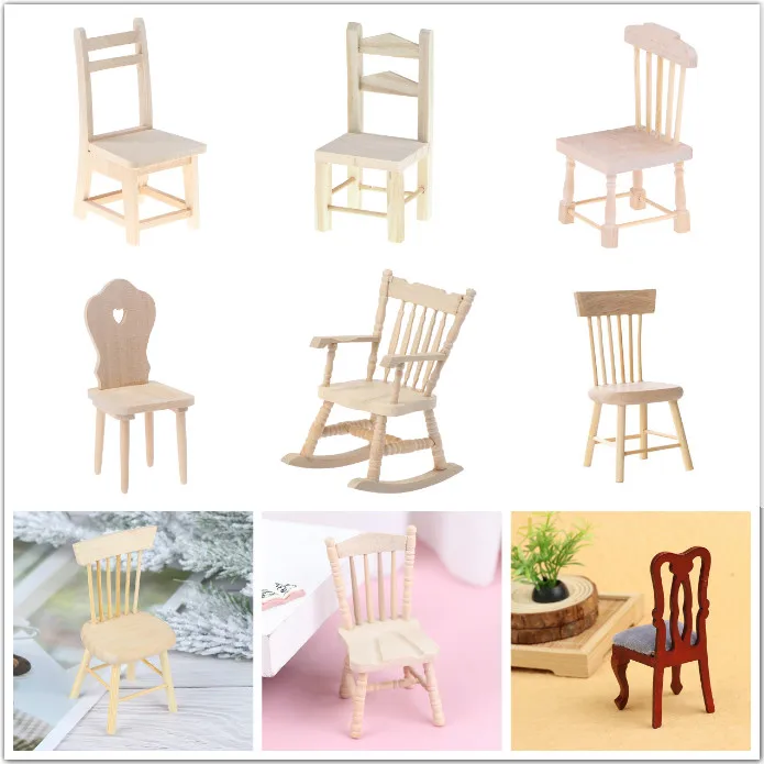 

1Pc 1/12 Dolls Miniature Furniture Wooden Unpainted Dining Chair for Dollhouse Decor