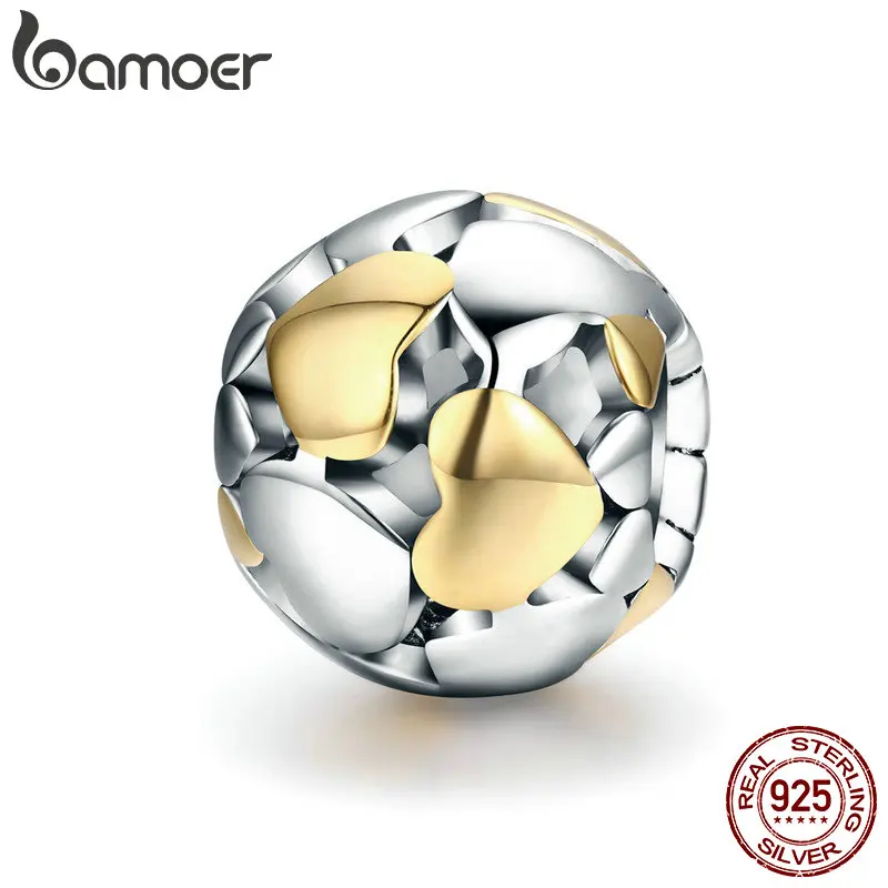 BAMOER 925 пробы Серебряный светящийся сердечко и Золотое сердце Подвески Бусины Подходит браслет подарок на день святого валентина S925 SCC537