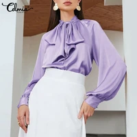 celmia women elegant satin blouses fashion bow tie collar long lantern sleeve tops 2022 autumn office lady solid color shirts
