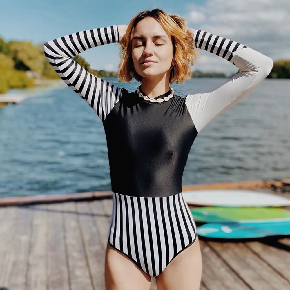 

2021 Long Sleeve Swimwear Rashguard One Piece Swimsuit Women Monokini Striped Bodysuit Female Bathing Suit Surfing Beach Wear