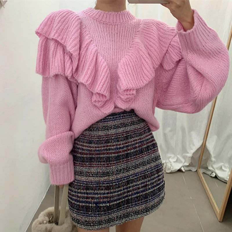 

korean Runway Sweater Female Autumn Winter New O neck Solid Chic Fashion Loose Pullover Women Thick Knitted Jumper Ruffle