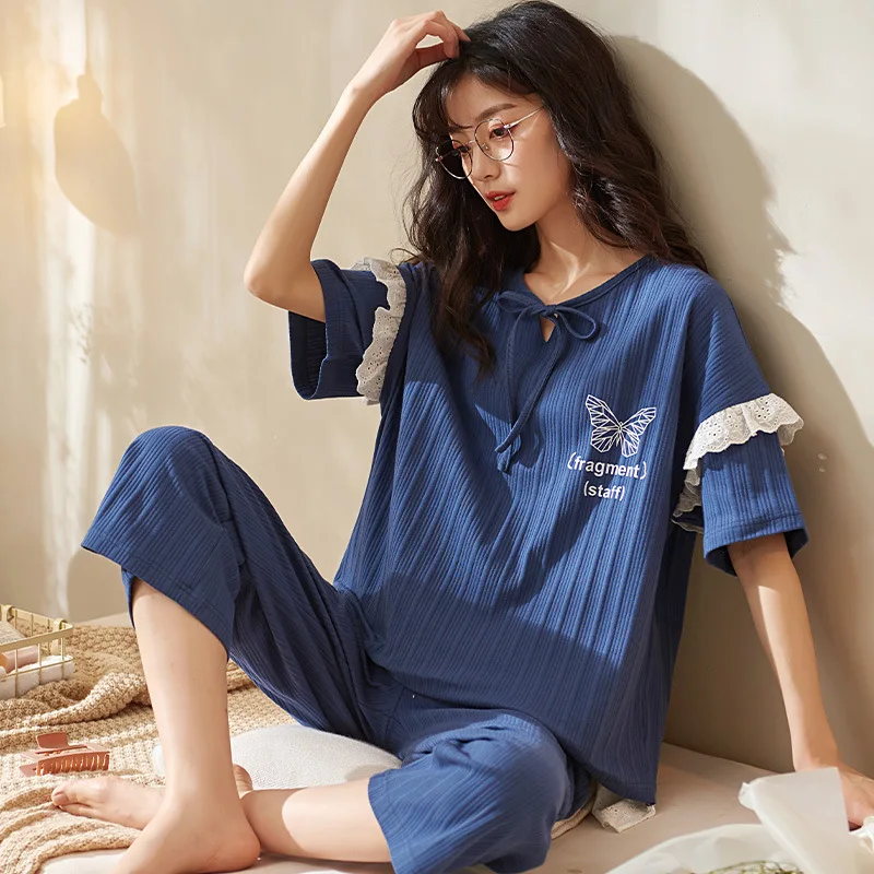 

Blue Cotton 2PCS Summer New Pajama Sets Women's Sweet Lace Trim Home Wear Lounge O-Neck Sleepwear Spring Autumn Nightwear M-XXL