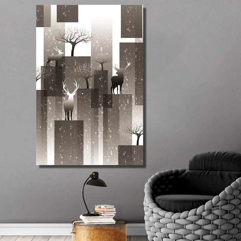 Абстрактная геометрическая живопись на холсте олень черно-белая цветная печать