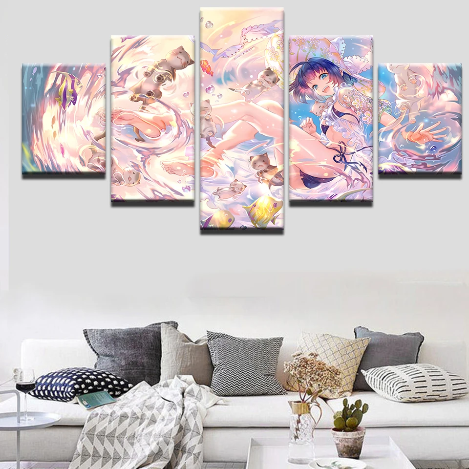 Плакаты на холсте с HD-печатью домашний декор 5 шт. красивая аниме девушка