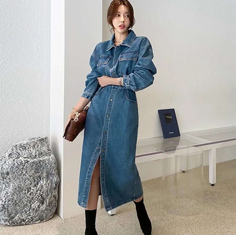 

Autumn Winter Casual Long Sleeve Washed Denim Dress Women Dress Streetwear Fashion Jean Dresses