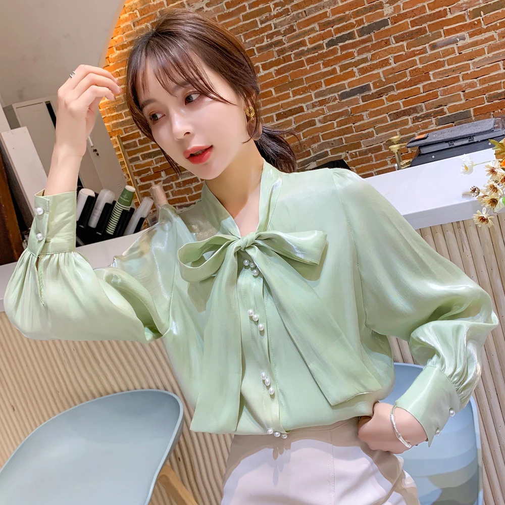 

Autumn Shinning Loose Long Sleeve Women Bow Blouse Gradient Reflective Elegant OL Lady Shirt Tops Blusas Mujer Party Club Office