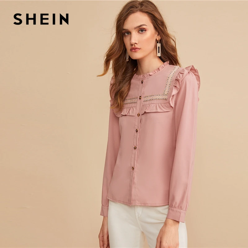 SHEIN розовая вышитая лента панель с рюшами отделка пуговица спереди милая блузка рубашка женские топы осень длинный рукав элегантные блузки