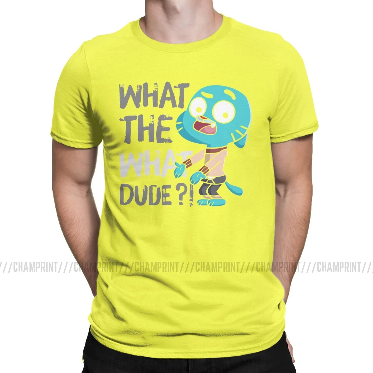 Men T-Shirt What The What Dude Creative Pure Cotton Tees Short Sleeve The Amazing World of Gumball T Shirt O Neck Tops Gift - Цвет: Цвет: желтый