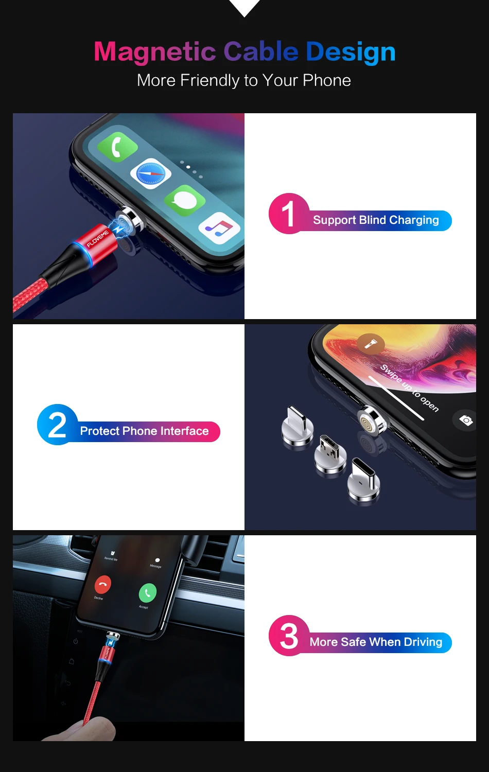 FLOVEME Магнитный USB 3A Быстрый зарядный кабель 3 в 1 для iphone 11 XR 7 Micro usb type C адаптер huawei