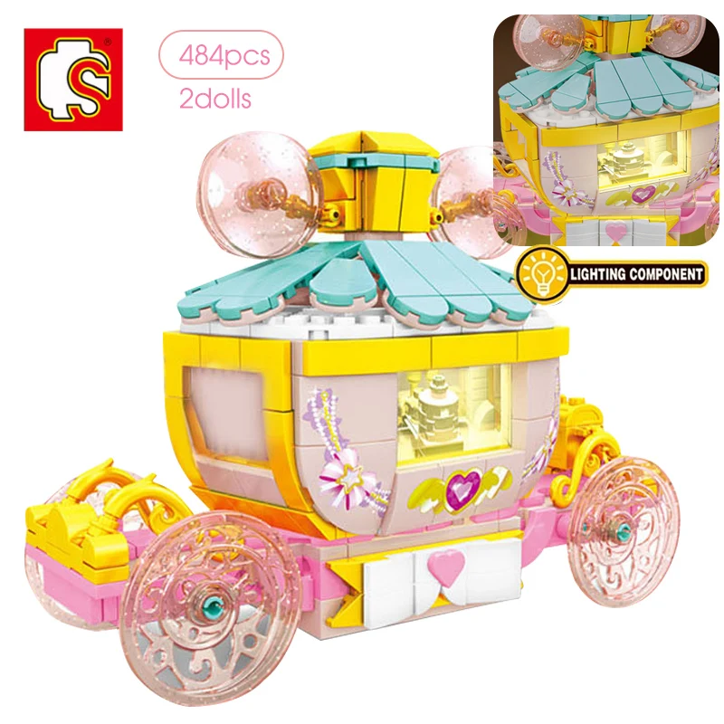 

SEMBO 484Pcs Romantic Dream Light Rotating Carriage Building Blocks Girls Princess Fantastic Model Bricks Toys For Children Gift