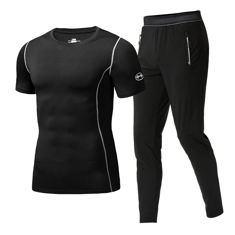 

Fitness Suit Men's Elastic Breathable Quick Drying T-shirt Gym Fitness Suit Morning Running Training Clothes Summer Two-piece