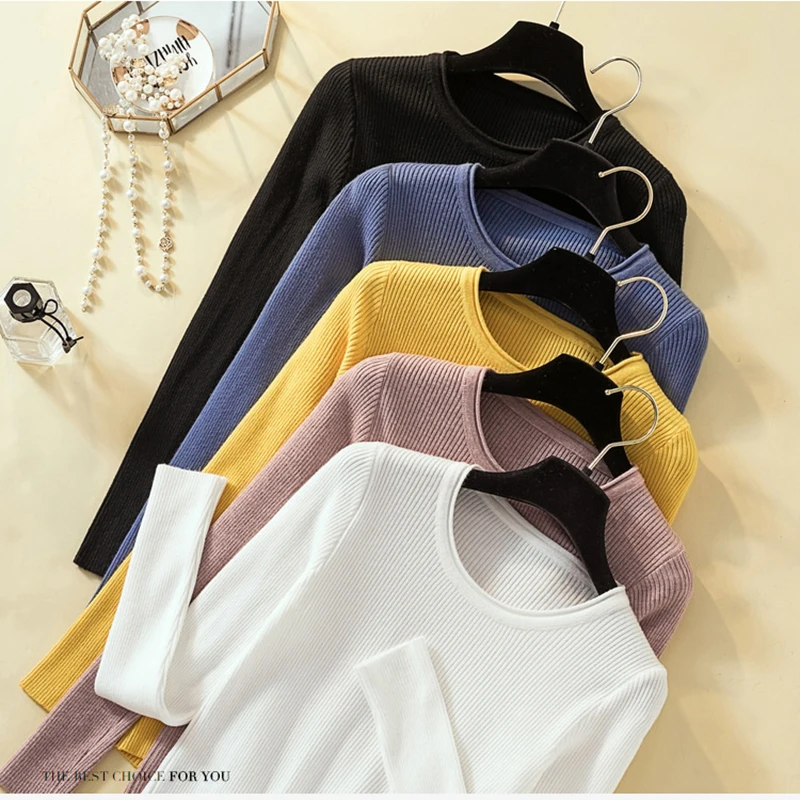 2019 Однотонный женский свитер с круглым вырезом Пуловеры Весна Осень Базовые