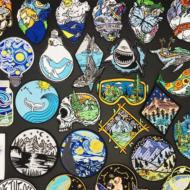 

Van Gogh Iron on Patches for Clothing Mountain Ocean Whale Embroidery Patches on Clothes Backpack Stickers Badges Appliques