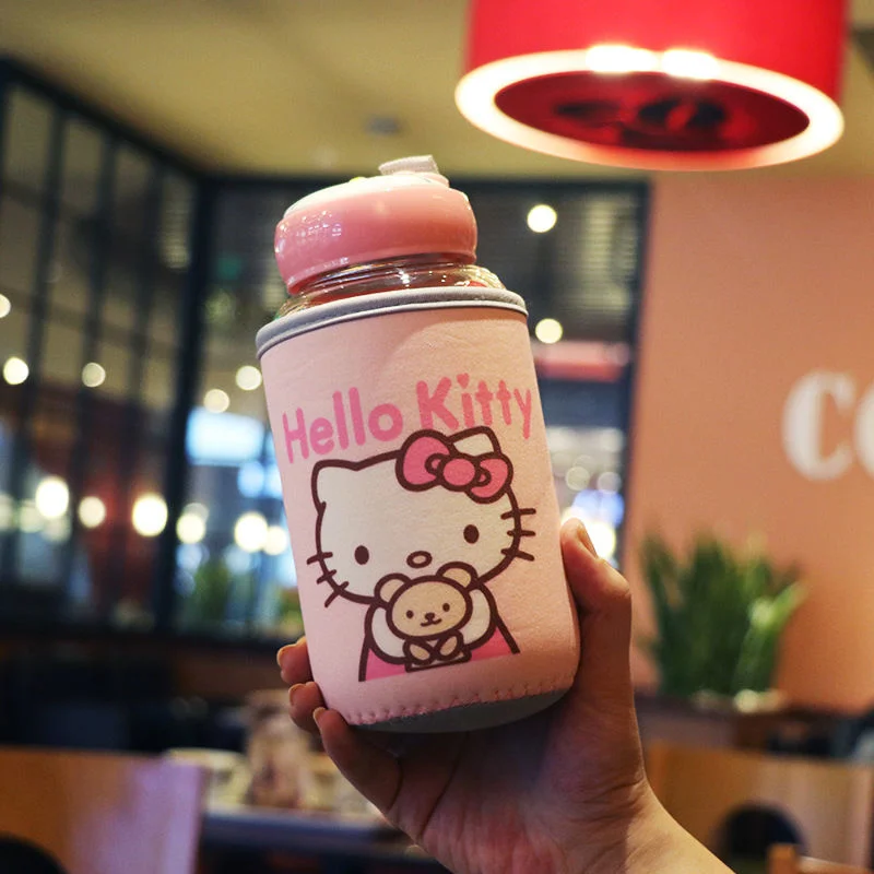 Botella de agua port&aacute;til para ni&ntilde;os y ni&ntilde;as, vaso de vidrio de Hello Cat doraemonado de dibujos animados Kawaii Kittyed de 600ml, para exteriores-2