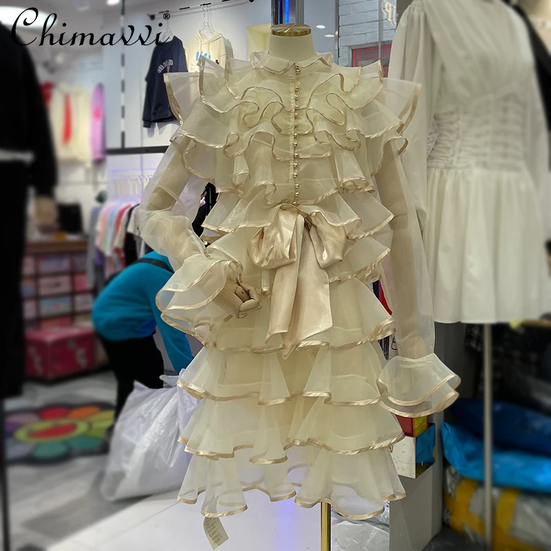 

Japanese Fresh Ruffled Cake Dress Women 2021 Spring New Organza Lace-up Elegant Dress Fashion Simple Dress with Camisole