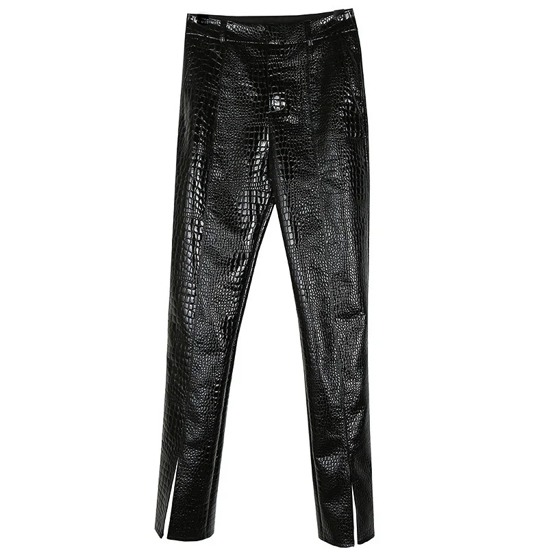 

[EAM] Pu Leather Crocodile Pattern Long High Waist Trousers New Loose Fit Pants Women Fashion Tide Spring Autumn 2021 1DD3480