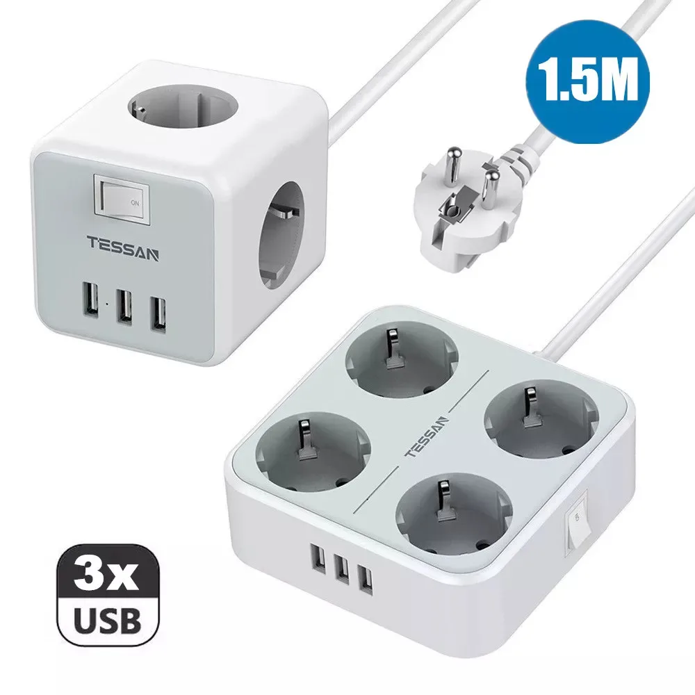 

EU Electrical Socket Power Strip with 3/4 AC Outlets and 3 USB Ports Multi Sockets Plug Extension with On/Off Switch 1.5m Cable