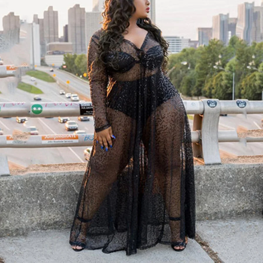 

Black Sexy Transparent Dresses Womens Large Size 4XL 5XL Floor Length See Through Evening Night Club Vestidos Mujer Female New