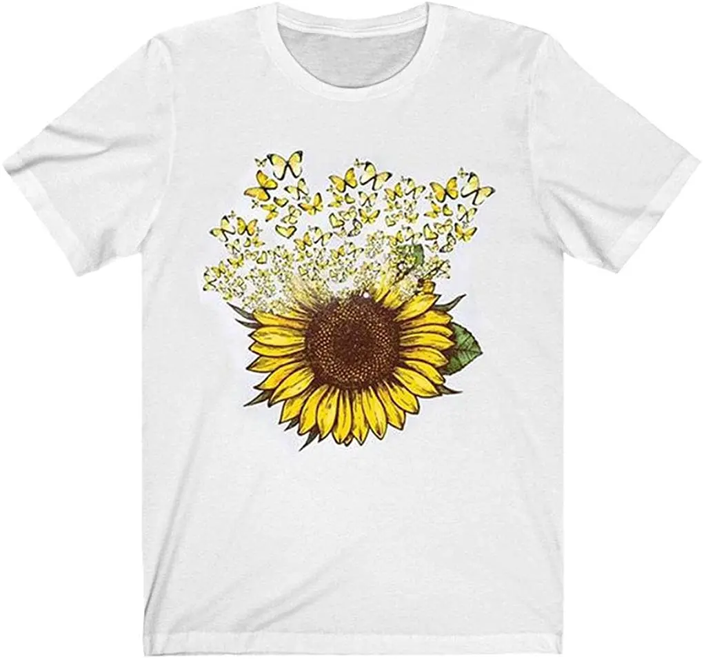 

Women's Sunflower Print Shirt O-Neck Short Sleeve T-Shirt Top New Arrivals Harajuku Summer 2020 Pure Cotton Breathable Tshirt