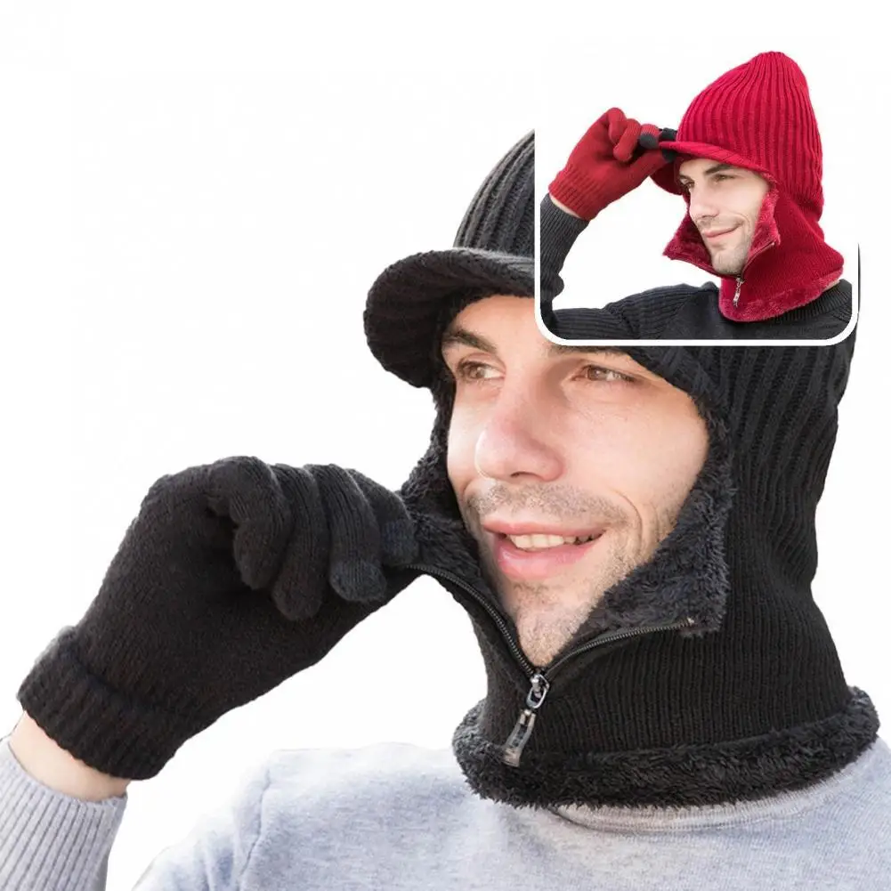 

1 Set Cool Unisex Hat Gloves Men Women Beanie Hat Scarf Stretchy Soft Short Brim Ear Protection Cap Gloves