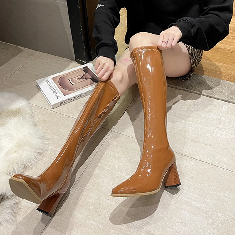 

Rimocy Patent Leather High Heels Knee High Boots Women Fashion Warm Short Plush Long Boots Woman Pointed Toe High Heels Botas