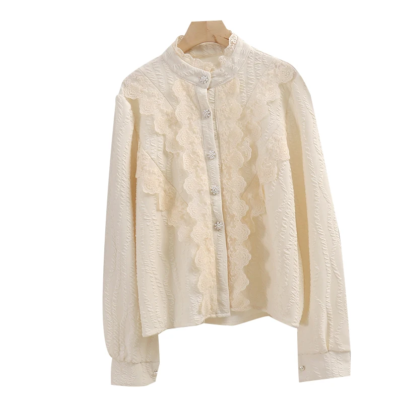 

H51 new winter collar lace top temperament minus age falbala long-sleeved shirt design feeling small. 923