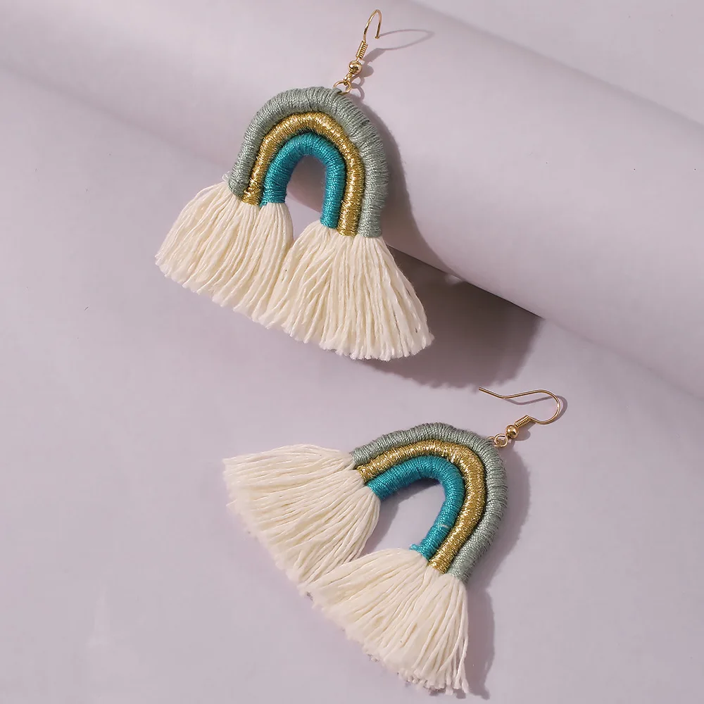 

Hot selling ethnic style tassel earrings women retro bohemian rainbow alloy woven E8500