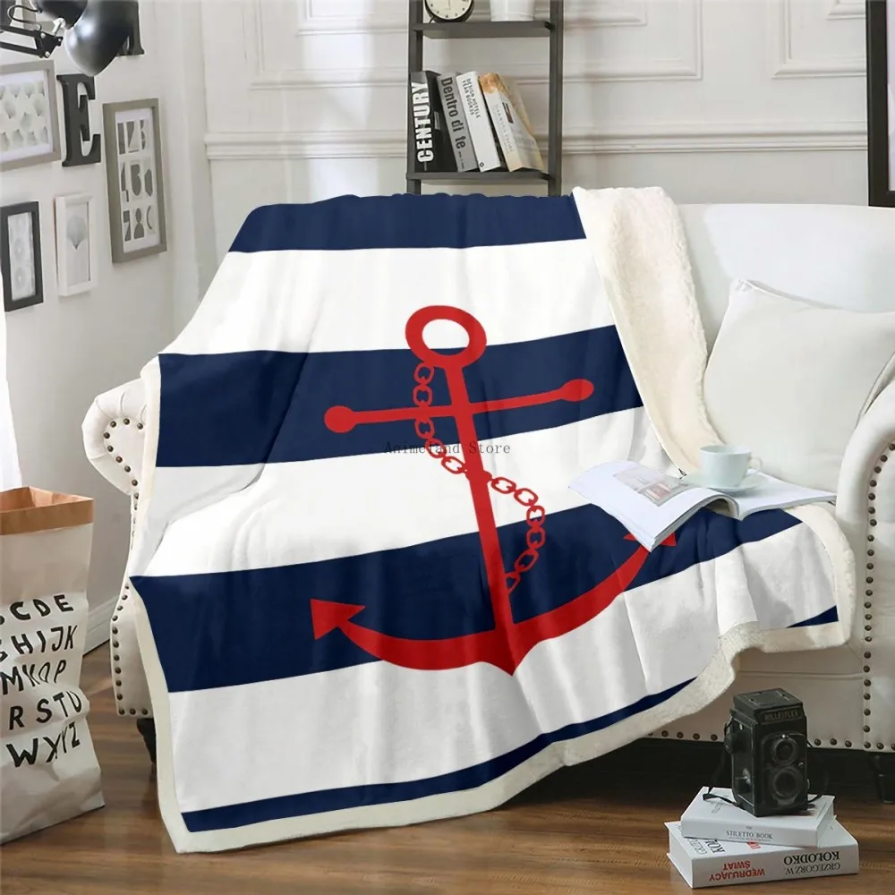 Одеяло из шерпы с голубым якорем и именем на заказ детское одеяло для кровати