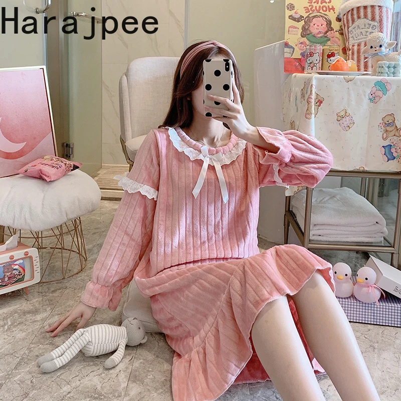 

Harajpee женская пижама 2021 зима французский сладкий темперамент стиль принцессы коралловый флис длинный рукав плюшевый кукольный воротник ноч...