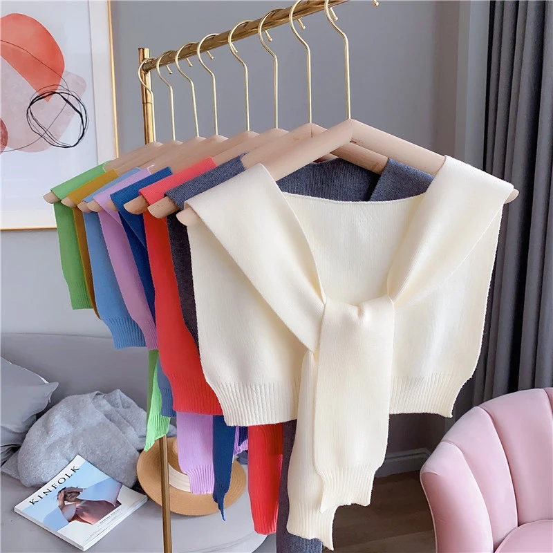 

2021 new spring autumn shoulder shawl knitted shawl knotted scarf female neck guard fake two shawl cloak s382