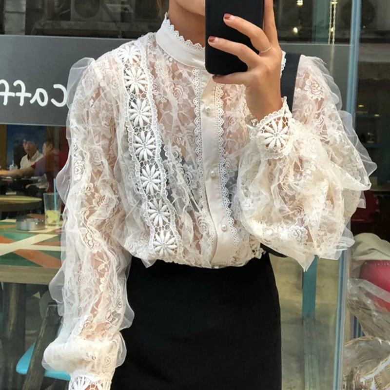 

Roundneck Chic Korean Style Designer Luxury Casual sexy see through Shirt Blouse for Woman 2020 Autumn Harajuku Street Wear