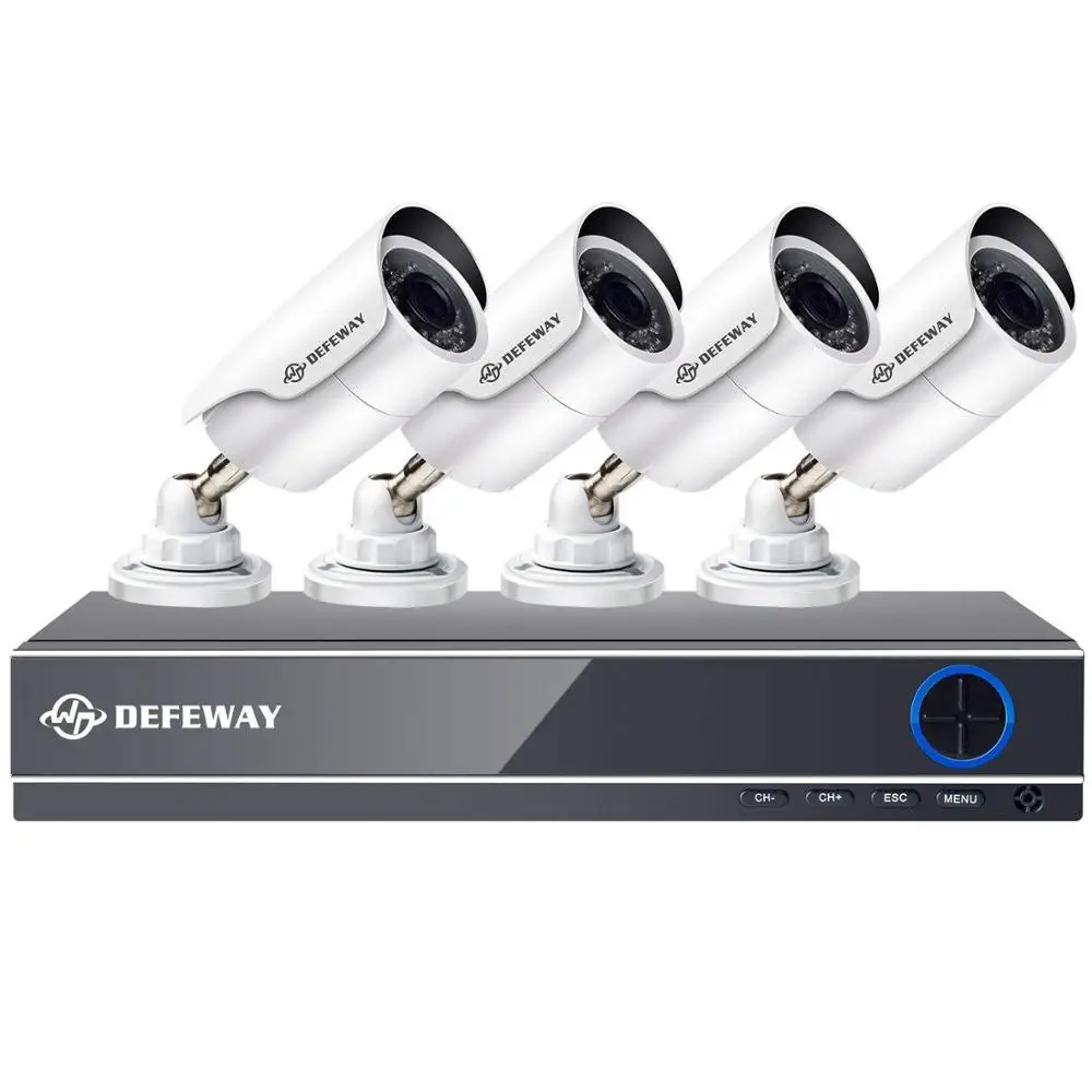 Комплект кабельного видеонаблюдения HD DEFEWAY формата качества 1080P, включающий в себя 4-канальный видеорегистратор, 4 камеры формата 720P 1200ТВЛ