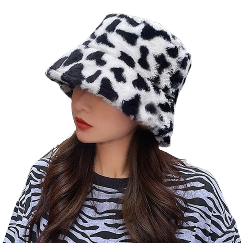 

Q1FA Bucket Hat with Cow Straps in Fur Made Fisherman Winter Autumn Outdoor Panama for Men Women with Flat Top