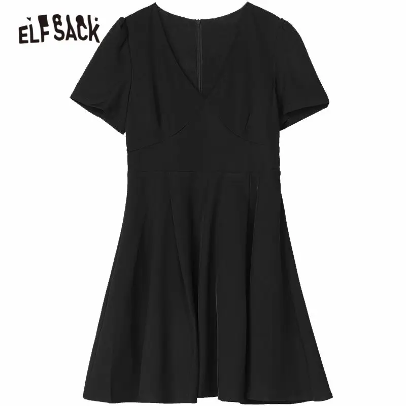

ELFSACK Balck Solid High Waist Casual Korean Chiffon Dress Women 2020 ELF Summer New Pure Vintage Sexy Ladies Party Dresses
