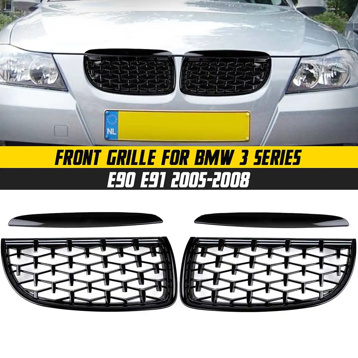 

Pair Front Kidney Bumper Grilles Diamond Meteor Racing Grills Upper Hood Eyelids 51137117241 For BMW 3 Series E90 E91 2005-2008