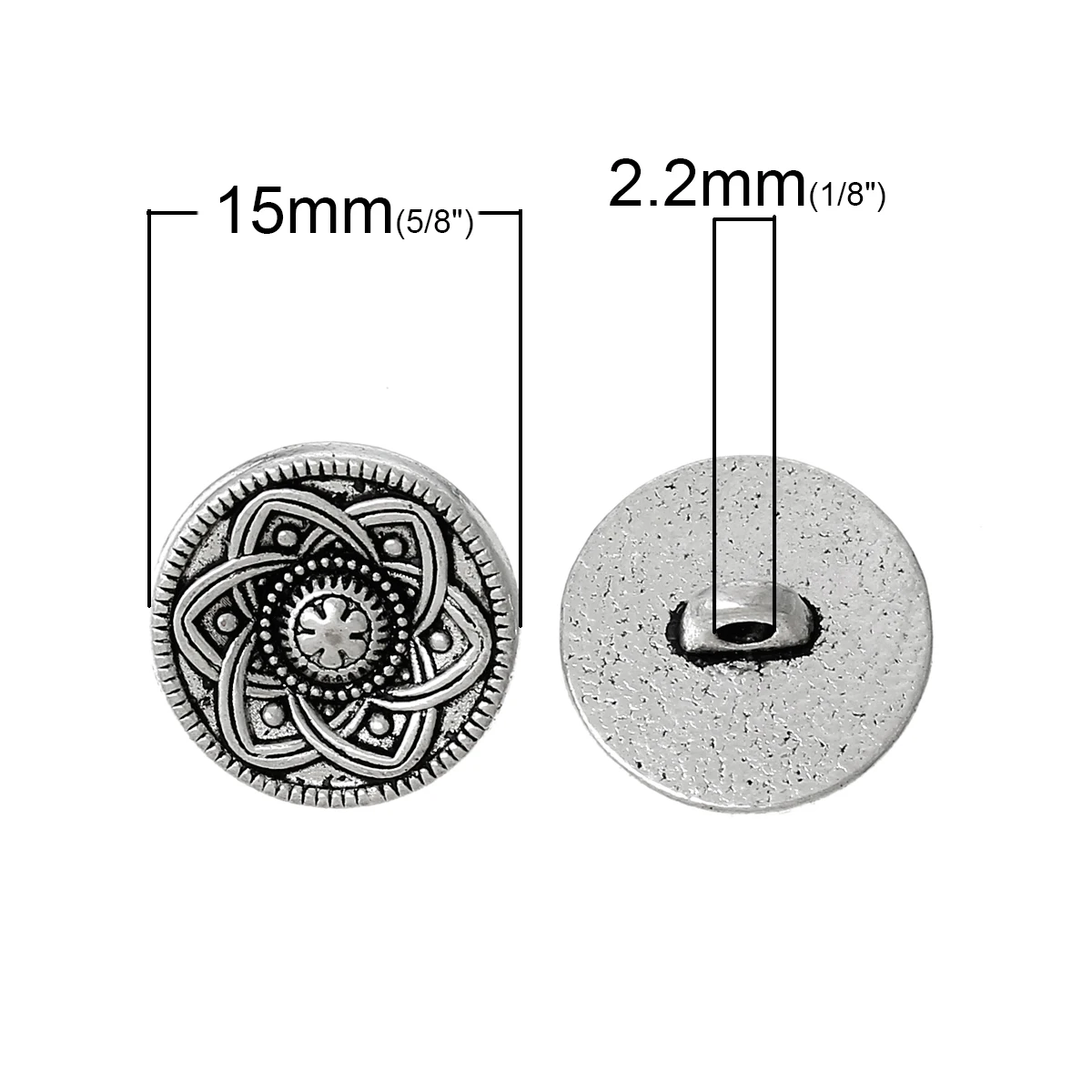 

Zinc Based Alloy Metal Sewing Shank Buttons Round Antique Silver Color Flower Carved 15mm( 5/8") Dia, 5 PCs