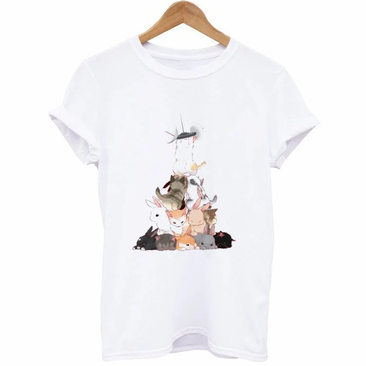 

Tee Street wear Casual Knitted Couples T-shirt Animal Cartoon Print Summer 2020 Women T Shirt O Neck Short Sleeve White Tops