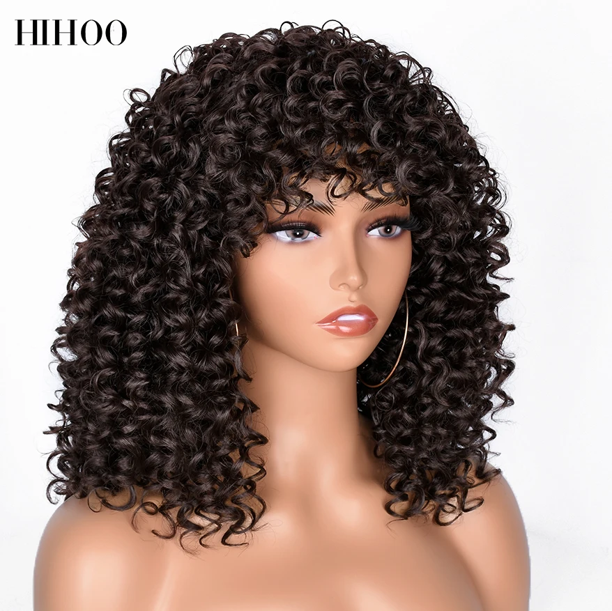 Short Hair Afro Kinky Curly Wigs With Bangs For Black Women Synthetic Natural Ombre Brown Mixed Blonde Wig Cosplay Lolita