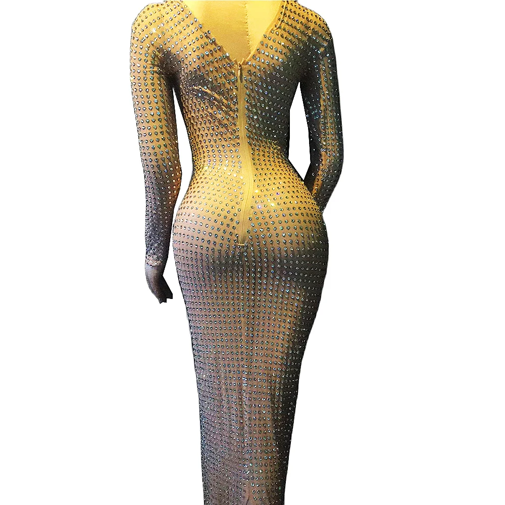 Сверкающие полные стразы пол-Длина платье длинным рукавом с открытыми плечами