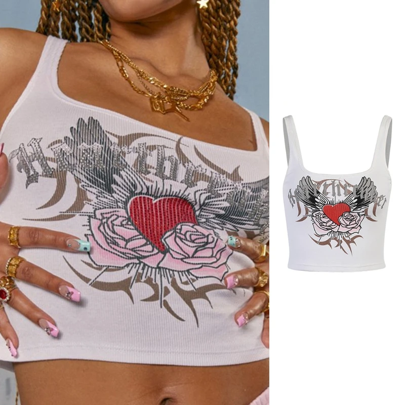 

X5XD Women Gothic Punk Sleeveless Crop Top Harajuku Love Wing Graphic Rib Slim Vest