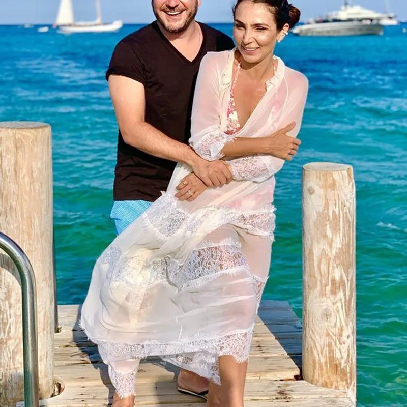 White Lace Boho Chiffon Tunic Long Dress Swimsuit Sexy V-Neck Summer Cover-Up Women Spell Loose Beachwear Smock Sheer Dresses