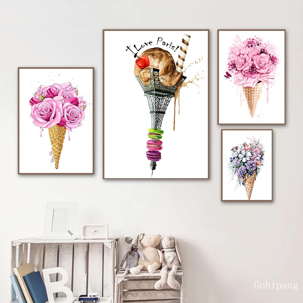 

Башня мороженого с розовым цветком настенный художественный скандинавский постер с видом Парижа минималистичный рисунок скандинавский де...