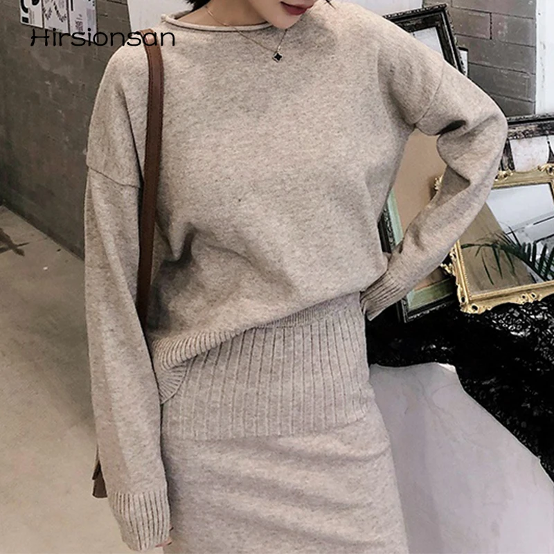

Hirsionsan Winter Casual Knitted Sweater Suits Women Soft O-neck Tops and Dress Two Peice Sets Female Solid Loose Outfits Lady