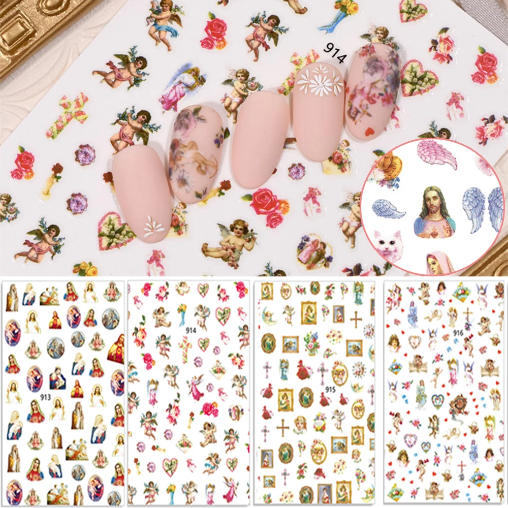 

1/6 Sheets 3D Cupid Back Glue Flower Heaven Nail Art Decorations Manicure Tools Nail Decals Angel Nail Stickers