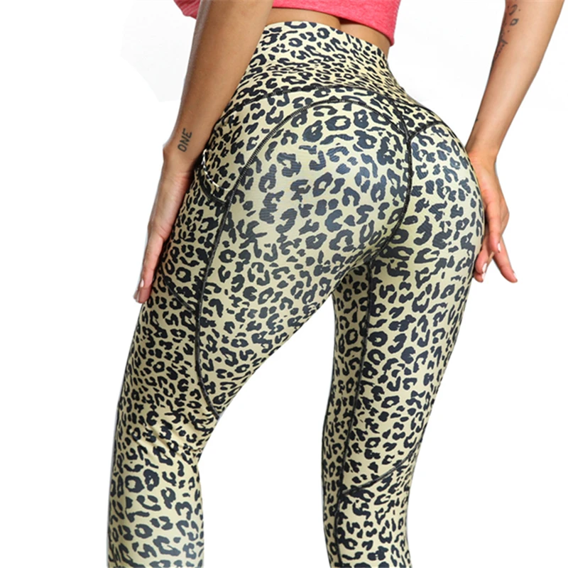 Леггинсы для йоги с леопардовым принтом штаны высокой талией и боковыми